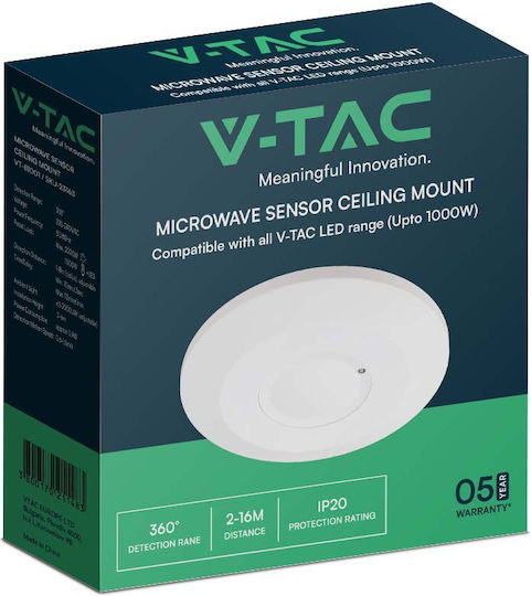 V-TAC Senzor De Mișcare Cu Fir Microunde Și Infraroșu 360° Rază De Acțiune 8m