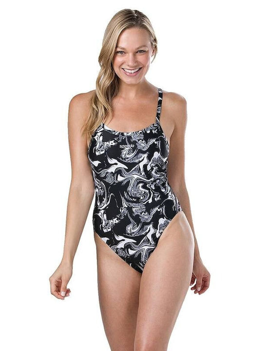 Speedo Allover Turnback One-Piece Swimsuit Black