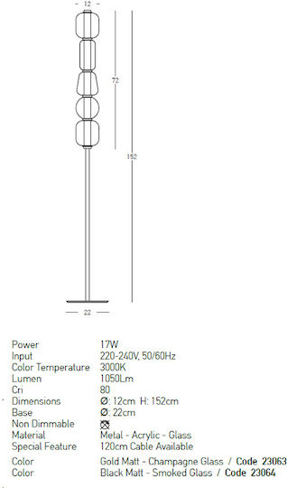 Zambelis Lights LED Floor Lamp H152cm. Black-Smoke