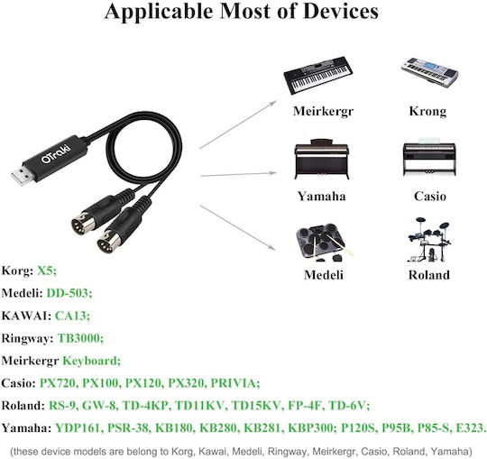 Otraki Midi-Kabel USB-Interface-Konverter In Out 5-Pin Midi zu USB-Adapter-Controller 2m