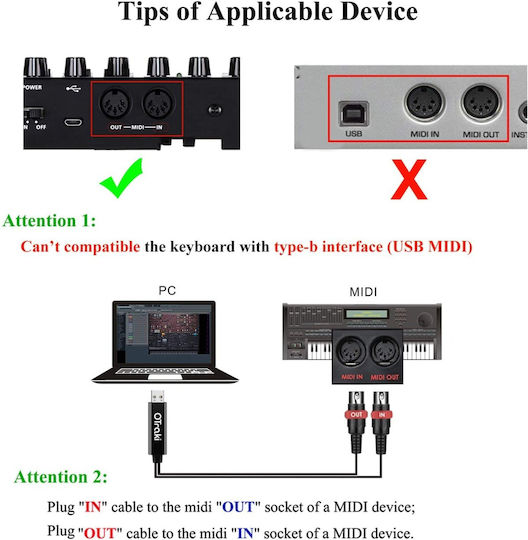 Otraki Midi-Kabel USB-Interface-Konverter In Out 5-Pin Midi zu USB-Adapter-Controller 2m