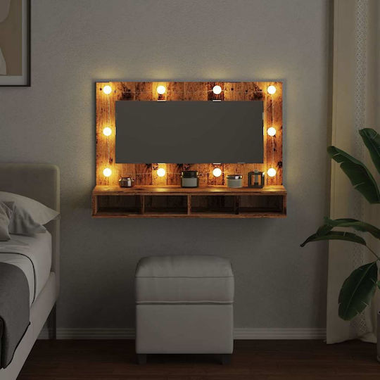 vidaXL Банско Огледало LED с Рафт & Шкаф 90x31.5см Кафяв