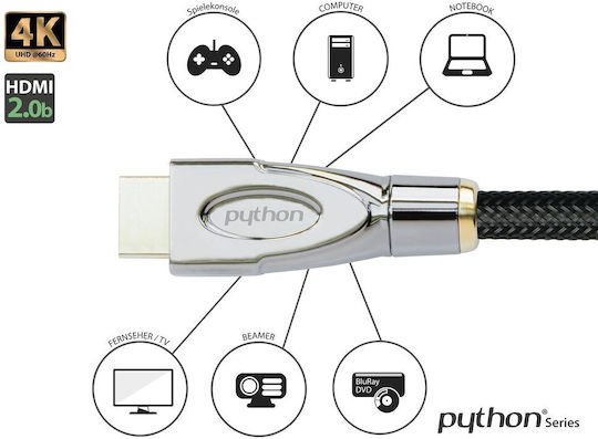 Python Συνδέσεις HDMI 2.0 Premium High Speed 4K 60Hz HDR Cable HDMI male - HDMI male 5m Μαύρο