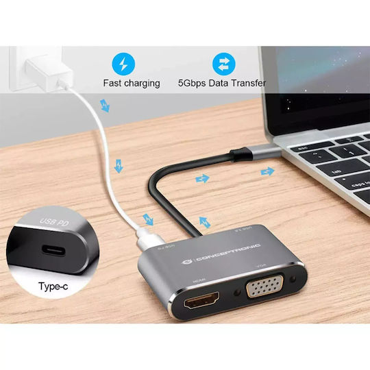 Conceptronic USB-C Docking Station με HDMI 4K PD Γκρι (DONN16G)