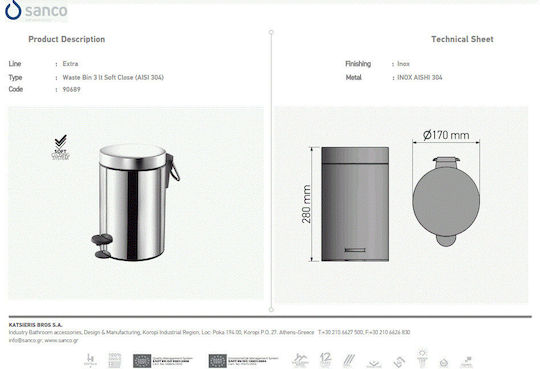 Sanco Inox Bathroom Basket Soft Close 3lt White Sanco Inox Bathroom Basket Soft Close 3lt White