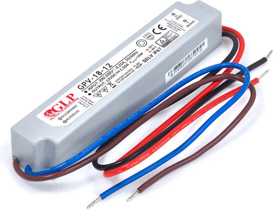 GLP Gpv-18-12 Τροφοδοτικό LED Στεγανό IP67 Ισχύος 18W με Τάση Εξόδου 12V