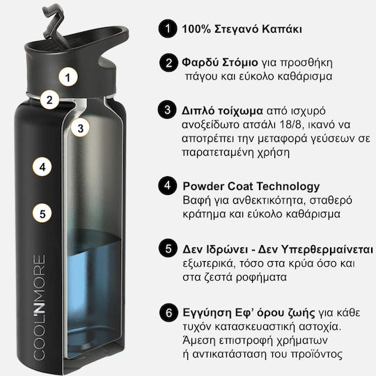 Cool'NMore Jet Μπουκάλι Θερμός Ανοξείδωτο BPA Free 500ml Μαύρο με Επιστόμιο, Θηλιά, Καλαμάκι και Λαβή