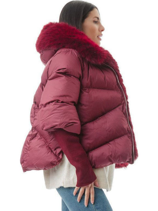 Women's Short Puffer Jacket for Winter with Hood Burgundy