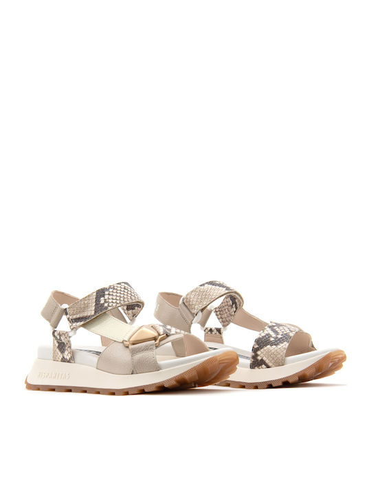 Leather Women's Flat Sandals Sporty in Ecru Color