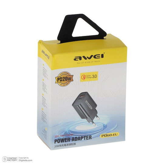 Awei Charger Without Cable with USB-A Port and USB-C Port 20W Quick Charge 3.0 Whites (PD60)