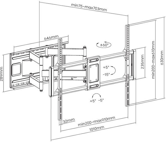Techly ICA-PLB 189B Βάση Τηλεόρασης Τοίχου έως 120" και 120kg Μαύρο