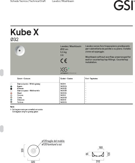 GSI Kube-x Επικαθήμενος Νιπτήρας Πορσελάνης 32x32cm White