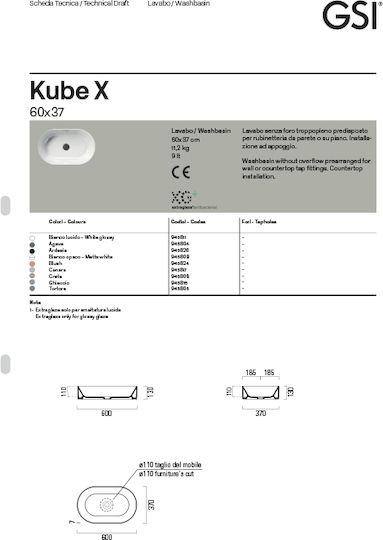 GSI Kube-x Επικαθήμενος Νιπτήρας Πορσελάνης 60x37x11cm White