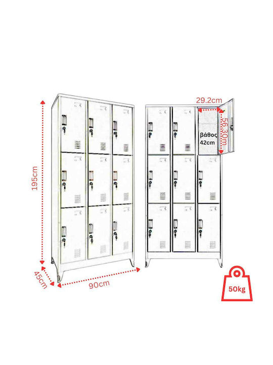 Dulap Metalic cu 9 Dulapuri 90x45x195cm