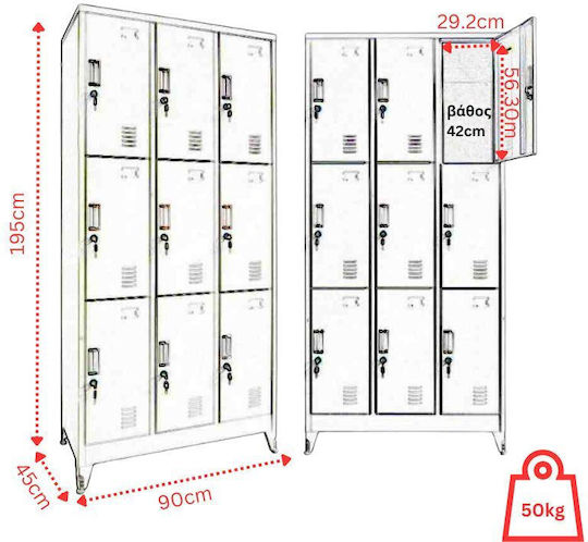 Locker Metal with 9 Cabinets 90x45x195cm