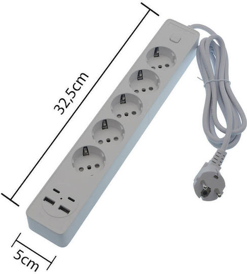 Jortan Power Strip with Surge Protection 5 Positions with 2 USB-A, 2 USB-C, Switch and Cable 2m