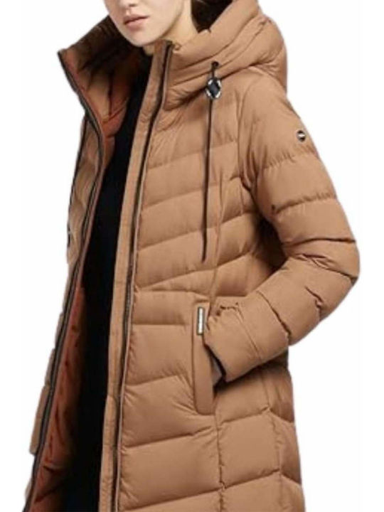 Women's Long Lifestyle Jacket for Winter with Hood Camel