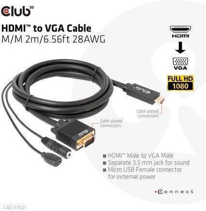 Club3d Hdmi To Vga Cable M M 2m/6.56ft 28awg