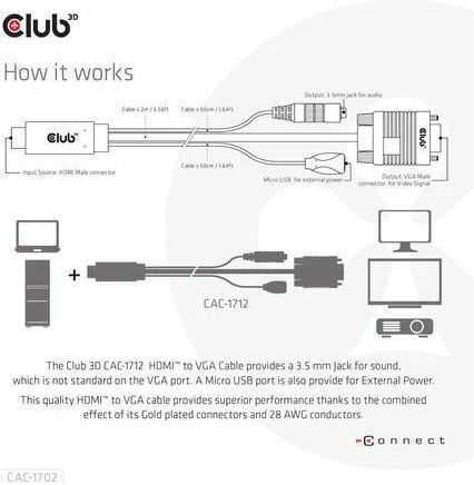 Club3d Hdmi To Vga Cable M M 2m/6.56ft 28awg