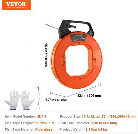 Vevor Fishing Tape 30.5m 4.8mm Cable Pulling Tool Fiberglass Djpyd316100ft6k90v0