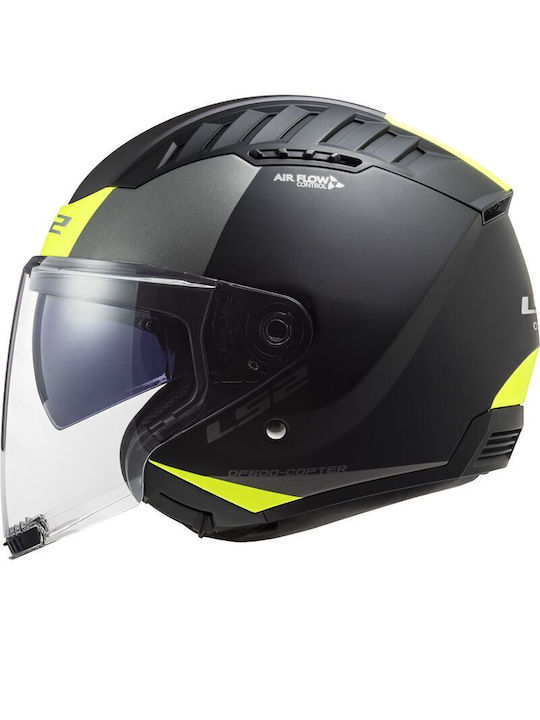 LS2 Copter II Urbane Matt Black H-V Yellow Каска За Мотор Джет ECE 22.06 1200гр с Sunvisor
