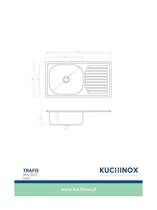 Kuchinox Drop-In Spüle Inox Gebürstet B75xT40cm Silber