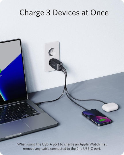 Anker Charger Without Cable GaN with USB-A Port and 2 USB-C Ports 65W Power Delivery Blacks (735 Nano II)