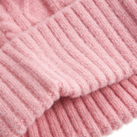 Pom Pom Beanie Γυναικείος Σκούφος Πλεκτός σε Ροζ χρώμα