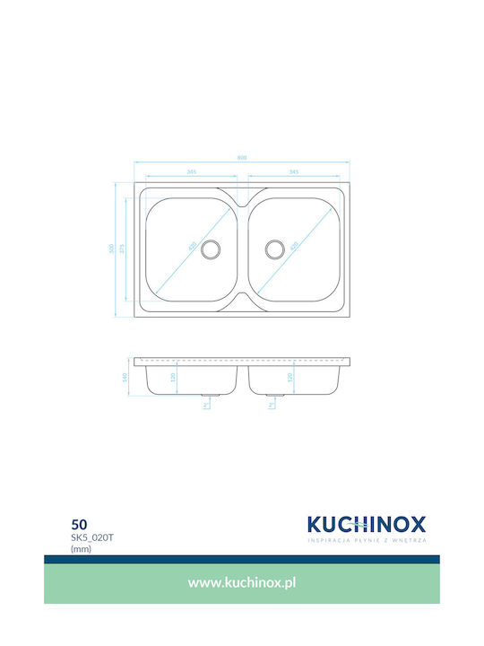 Kuchinox 50 2 SK5_020T Vessel Sink Inox Satin W80xD50cm Silver