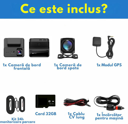 Set Camera DVR Auto 4K cu Ecran 1.47" pentru Parbriz & Camera de Marsarier