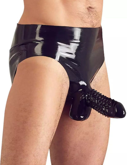 Chiloți din Latex Negru Late X cu Buzunar Striat pentru Penis Mărimea L