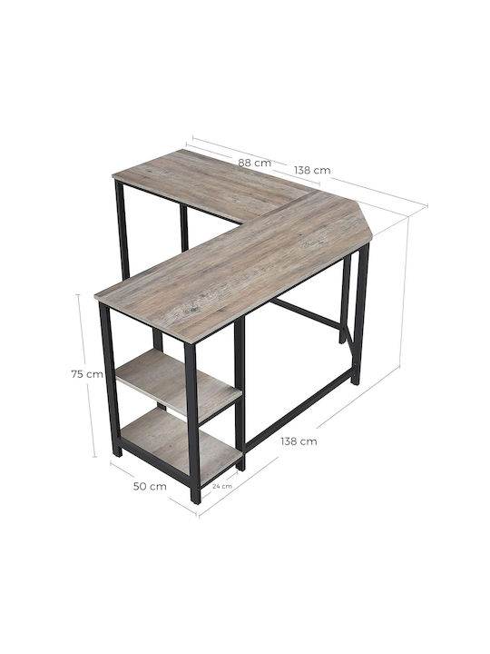Ъглово Компютърно Бюро Дървено Сиво С Метални Крака 138x138x75см