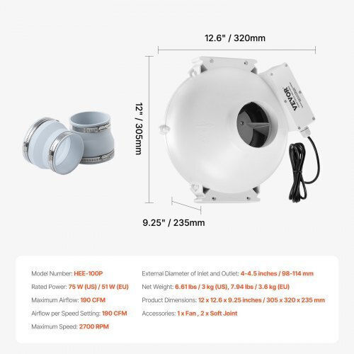 Vevor Silent Radon Fan 190cfm 4"-4.5" Waterproof Dfsdj4inch19vrdptv2
