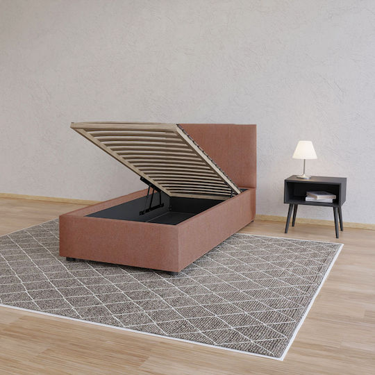 Billy Single Bed Upholstered with Fabric Terracotta with Storage Space and Slats for Mattress 90x200cm