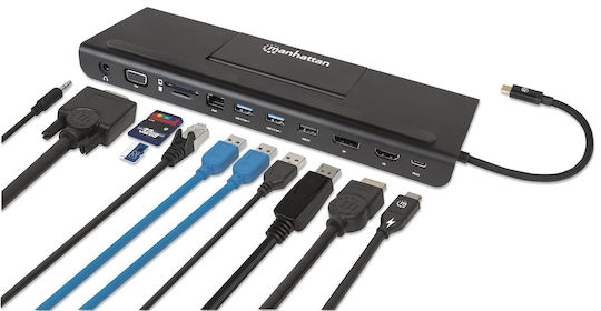 Manhattan USB-C Docking Station with DisplayPort 4K PD Ethernet and 3 Monitors Connection Black