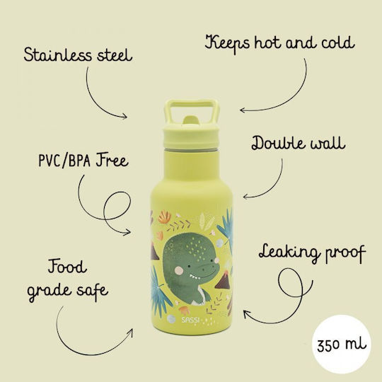 Sassi Junior Dinosaur Dinosaur Kids Water Bottle Dinosaur Stainless Steel with Straw Gray 500ml