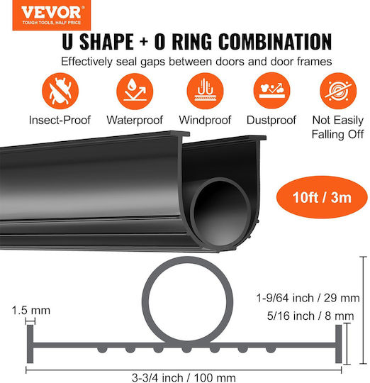 Vevor Garage Door Bottom Seals U-Shape Rubber + O-Ring Combination Garage Door Seal Bottom Garage Door Seal Garage Door Seal 10 Feet T Ends 5/16 Inches Width 3 3/4 Inches Doors Black