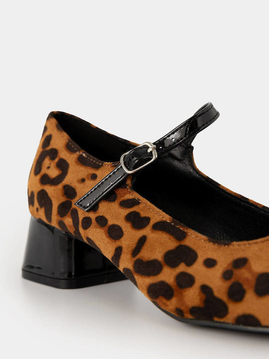 Louizidis Synthetic Leather Gold Medium Heels with Strap Animal Print