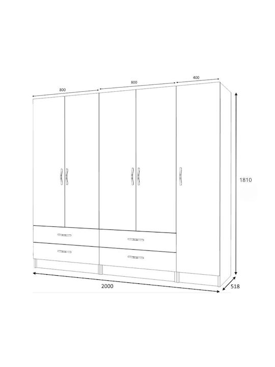 Ricardo Πεντάφυλλη Ντουλάπα Λευκό 200x51.8x181cm