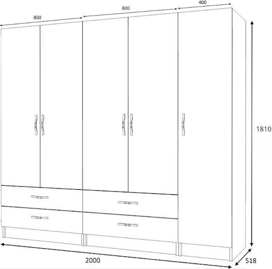 Ricardo Πεντάφυλλη Ντουλάπα Λευκό 200x51.8x181cm