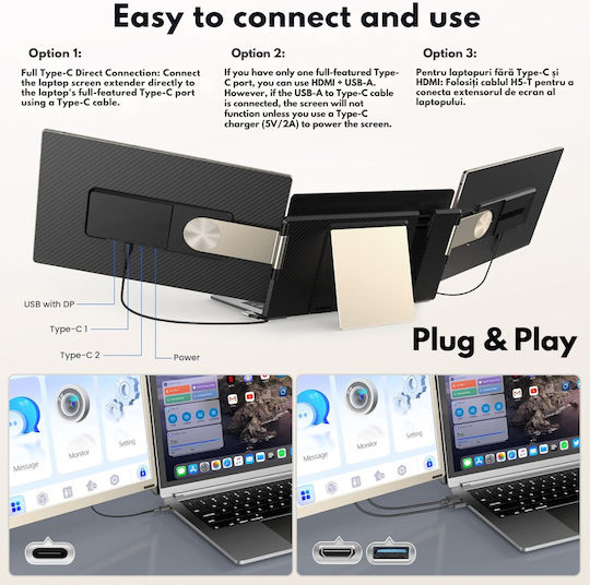 Extensor ecran triplu pentru laptopuri de 13"-17.3" 15.6" Full HD 1080p IPS Display Visionhub compatibil Windows Mac Linux design portabil multifuncțional porturi USB-C Mini HDMI Plug and Play