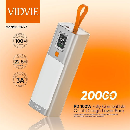 Vidvie PB777 Power Bank 20000mAh 100W με Θύρα USB-A και Θύρα USB-C Ασημί