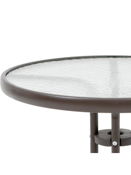 001 Outdoor Dinner Free Standing Table with Glass Surface and Metal Frame Brown 60x60x72cm