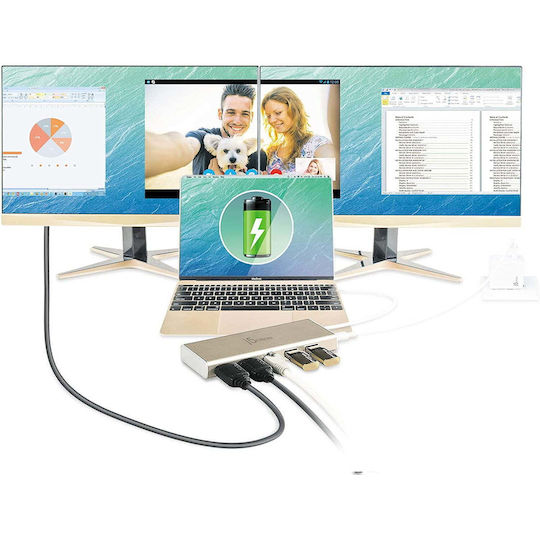 J5create USB-C Докинг станция с HDMI 4K PD Ethernet и свързване 2 монитора Златист (JCD381)