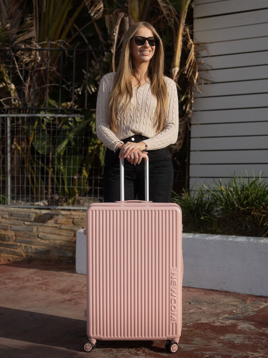 Newcom Large Hard Pink Suitcase with 4 Wheels Height 79cm