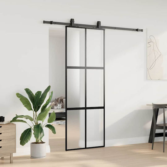 Set de feronerie pentru ușă glisantă negru 76x205 cm sticlă securizată neagră 76 x 205 cm șină 200 cm