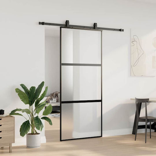 Set de feronerie pentru ușă glisantă negru 90x205 cm sticlă securizată neagră 90 x 205 cm șină 183 cm