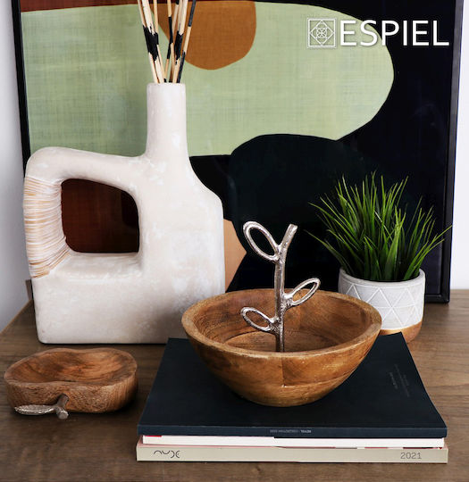Wooden Bowl with Metal Handle Silver 25x25x21cm Fri109 Wood Iron Powder Coated Finish