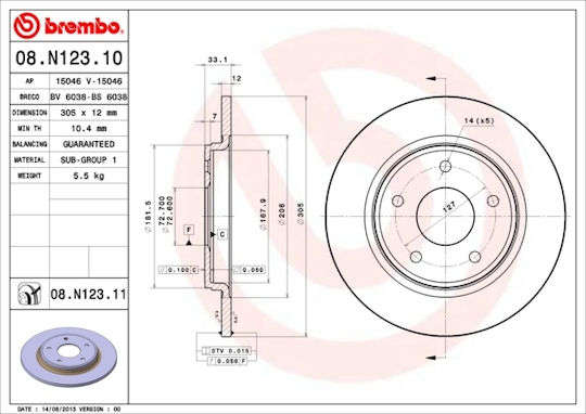 Диск за спирачна система Brembo за Dodge Caravan 08n12311