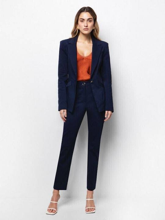 Women's High-waisted Fabric Trousers Navy Blue